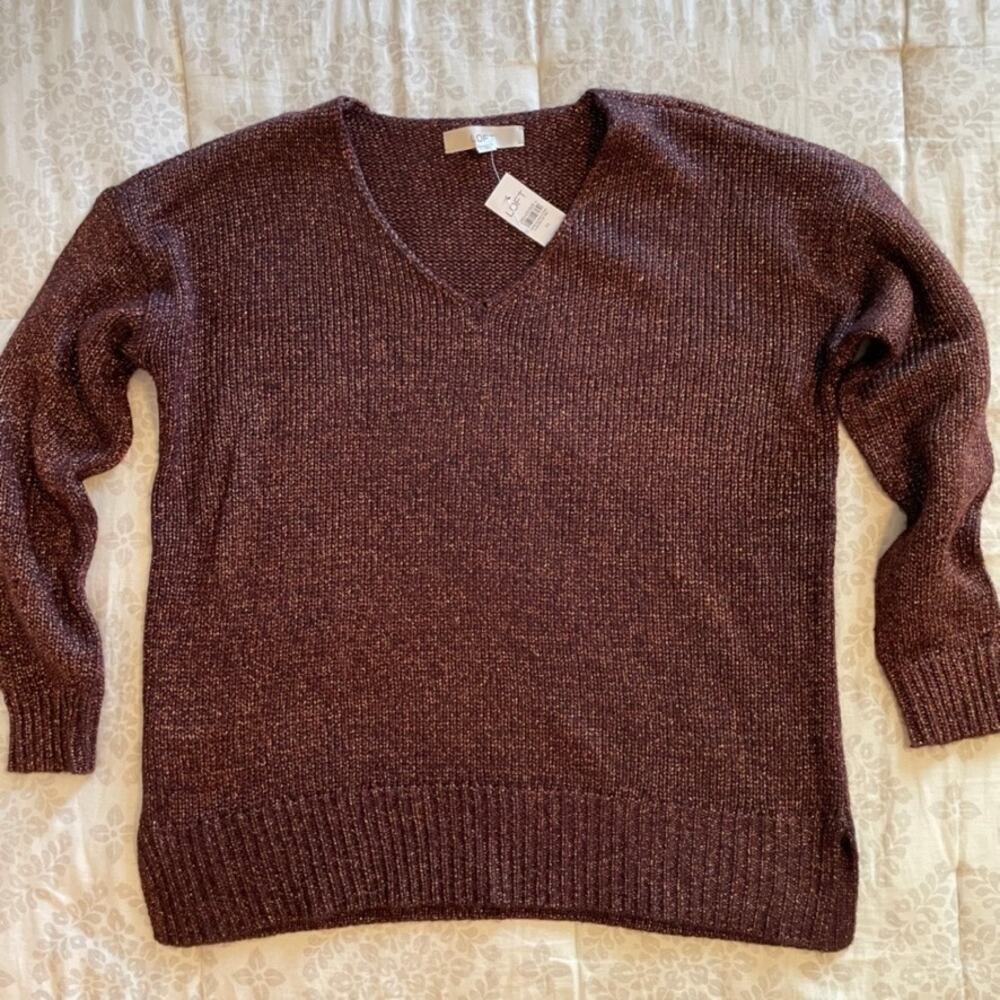 LOFT Burgundy Metallic V-Neck Side Slit Knit Sweater Womens Medium NWT